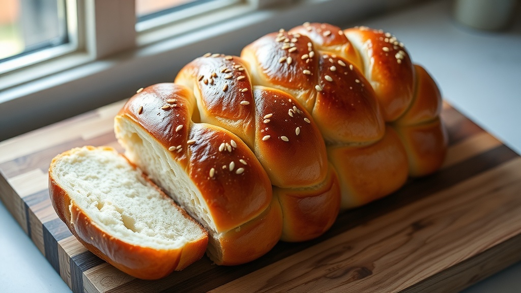 Traditional Sweet Challah Bread Recipe Golden braided challah bread topped with sesame seeds on a wooden cutting board.